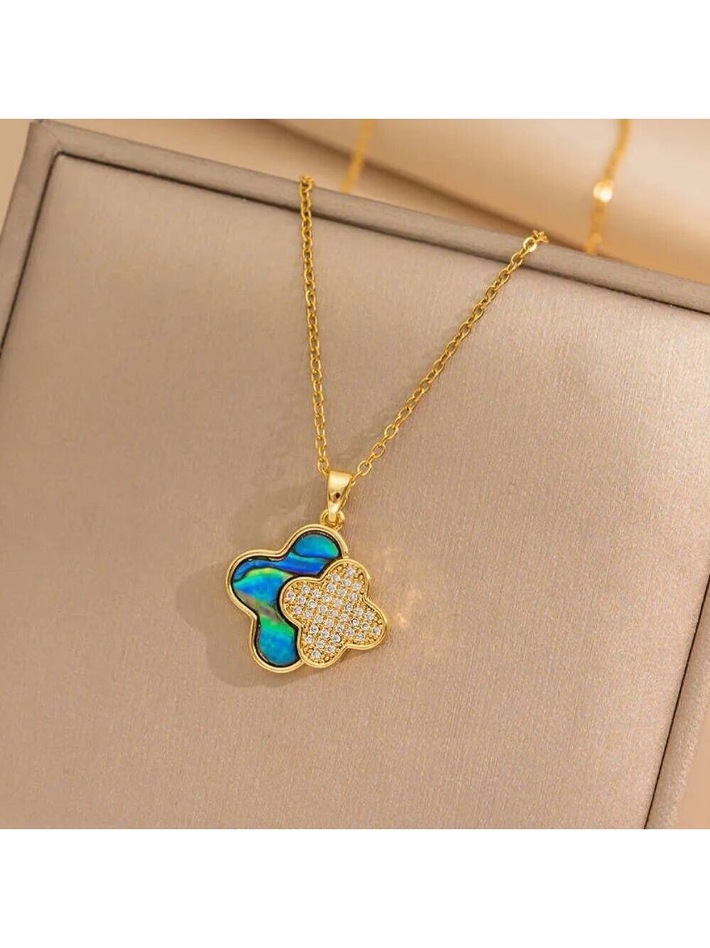 18k Gold Plated Quatrefoil Pendant Necklace, Simulated Diamond and Abalone Inlay